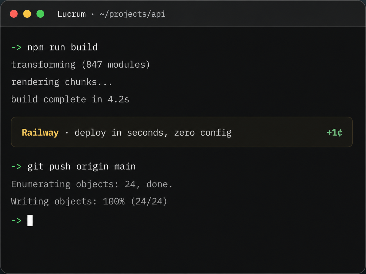 Lucrum sponsor moment inside a terminal during a build